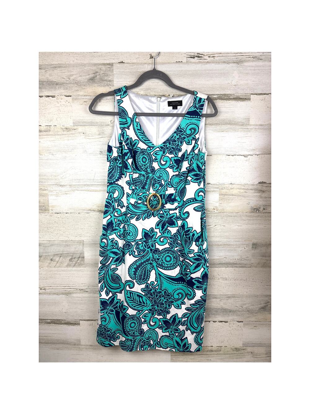 Tahari Womens 4 Blue White Paisley Pocket Sheath Cotton Stretch Mini Dress